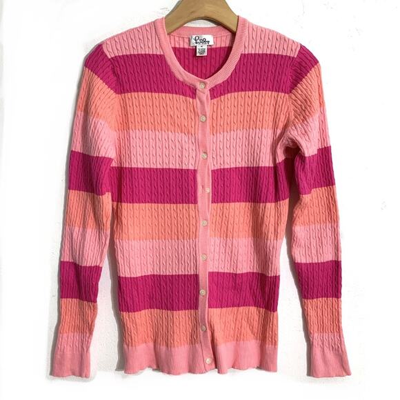 Lilly Pulitzer cardigan button up cable knit sweater pink striped cotton EUC  M - Picture 1 of 7